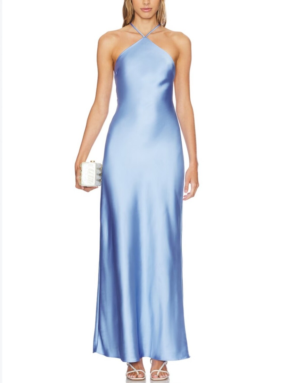 Line & Dot Satin criss Cross-Halter Maxi Dress in Steel Blue size XS NWTS